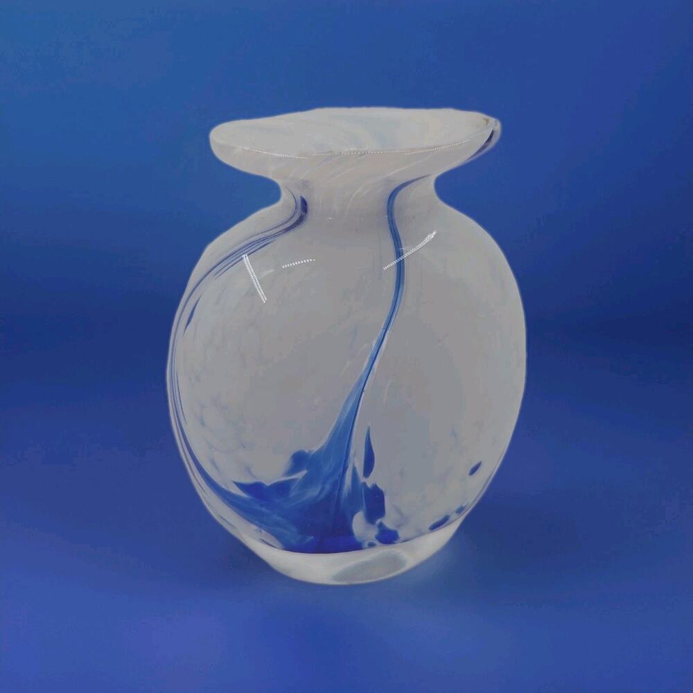 Ron Hinkle Signed Art Glass Bud Vase Blue White Swirl Hand Blown Studio Paperwei